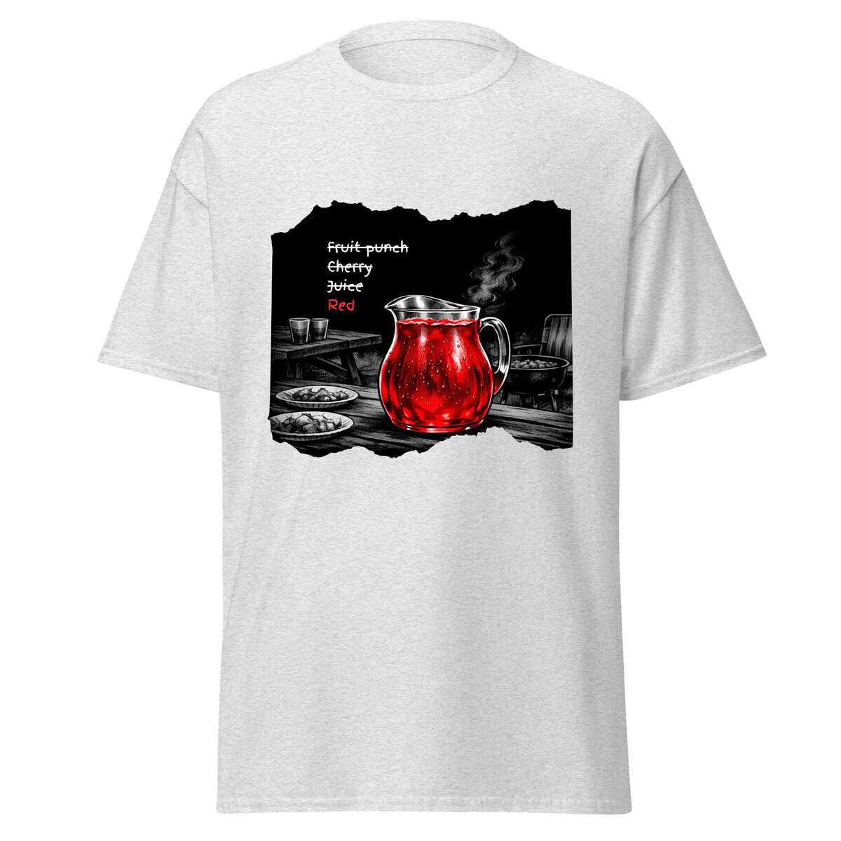 T-shirt featuring a fruit punch cherry juice graphic with a black background and red beverage illust.