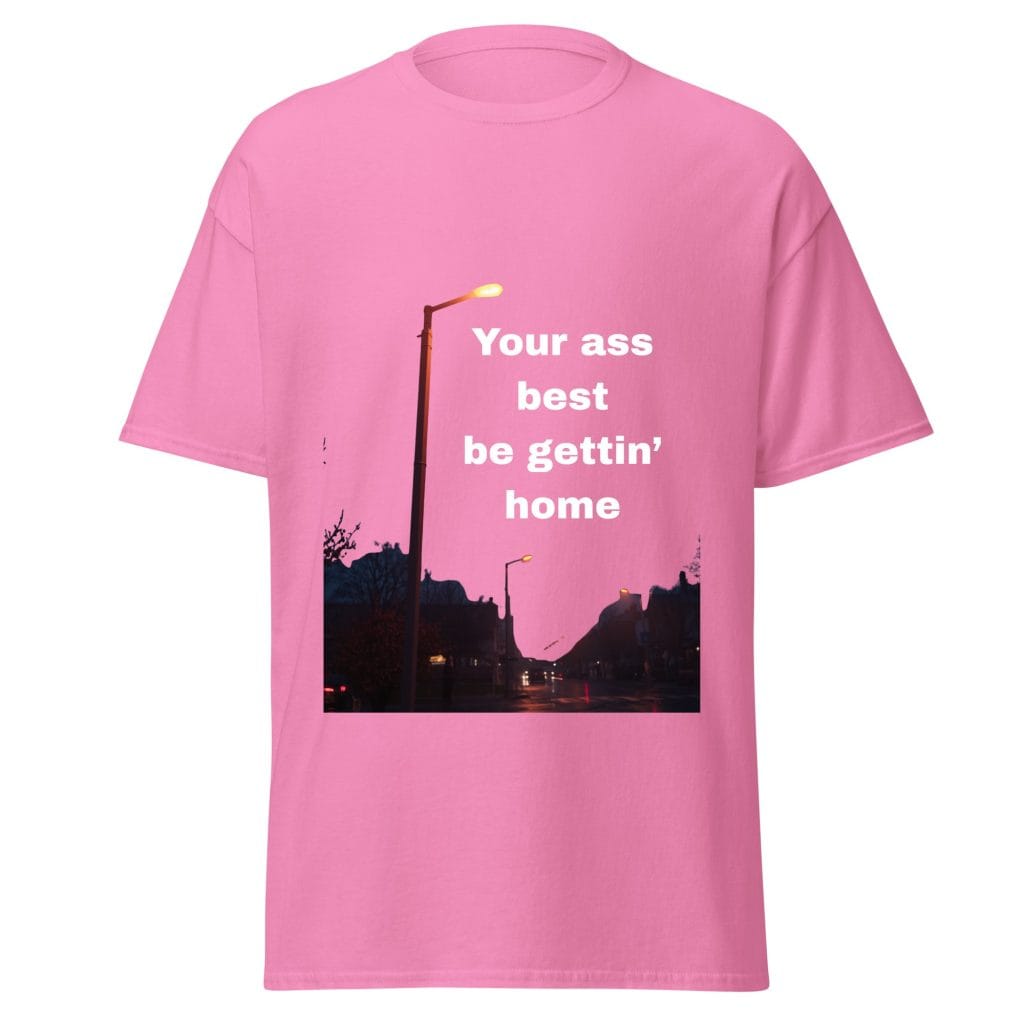 Pink T-shirt with humorous streetlight graphic and bold text.