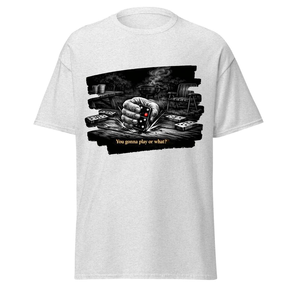 T-shirt with hand holding remote and text "You gonna play or what?" for gaming or smoking theme.