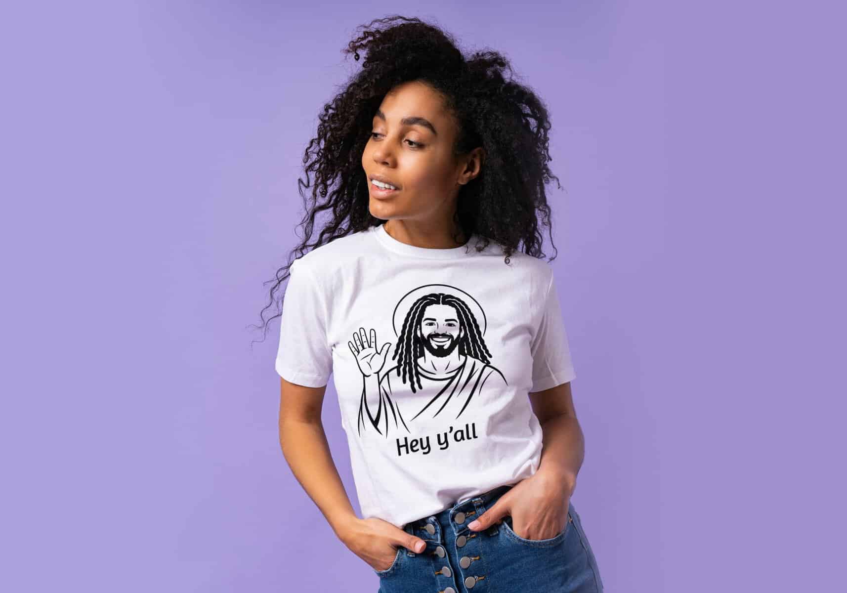 Woman wearing Cousins Dozens T-shirt with dreadlocks illustration, casual style.