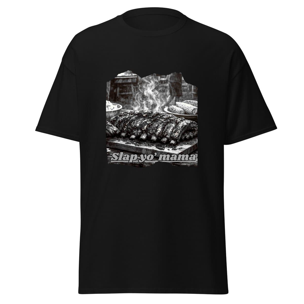 Black T-shirt featuring a grilled ribs image and "Slap yo' mama" text for barbecue lovers.