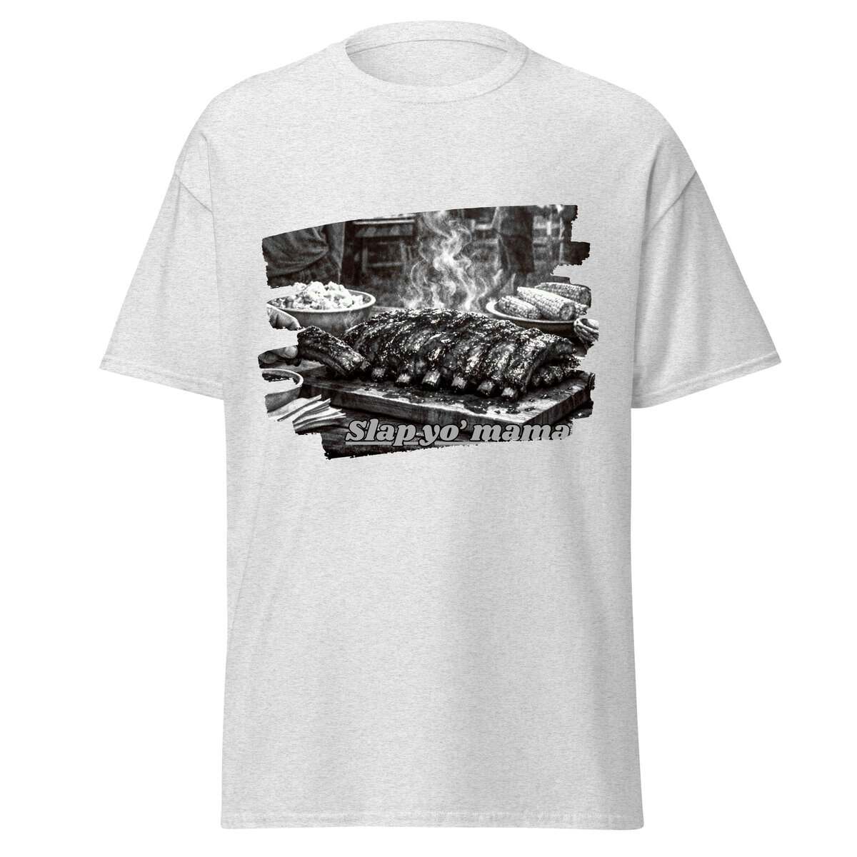 Custom T-shirt with grilled ribs and "Slapyo" text, perfect for barbecue lovers.