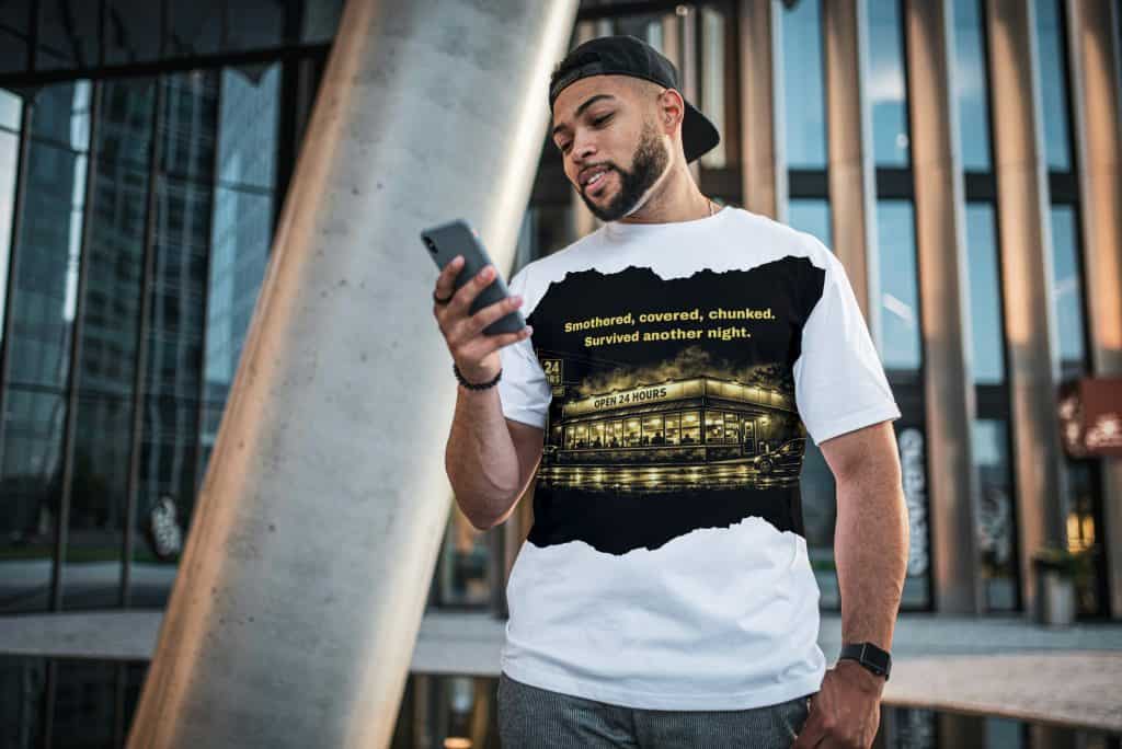 Young man using smartphone outdoors near modern building, casual style, urban setting.