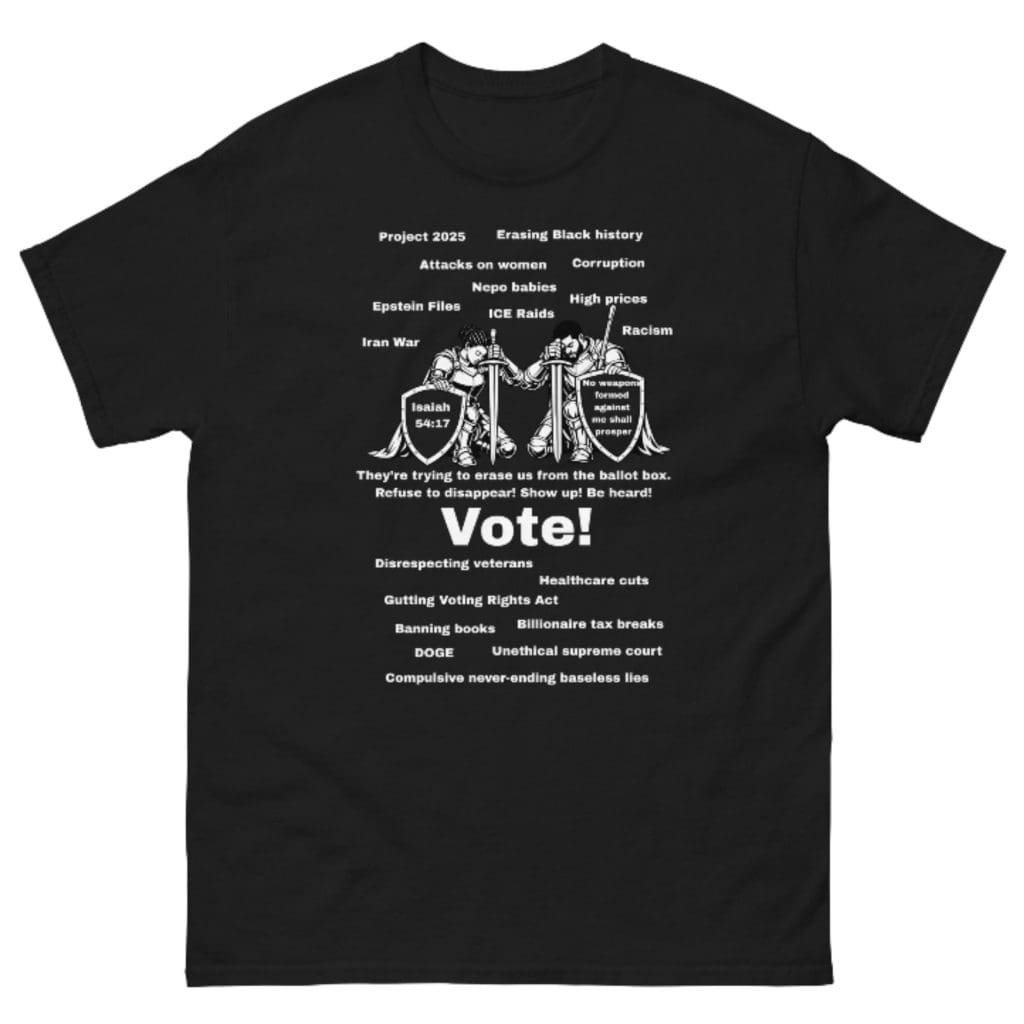 Black T-shirt with political and social justice slogans and imagery for activism.
