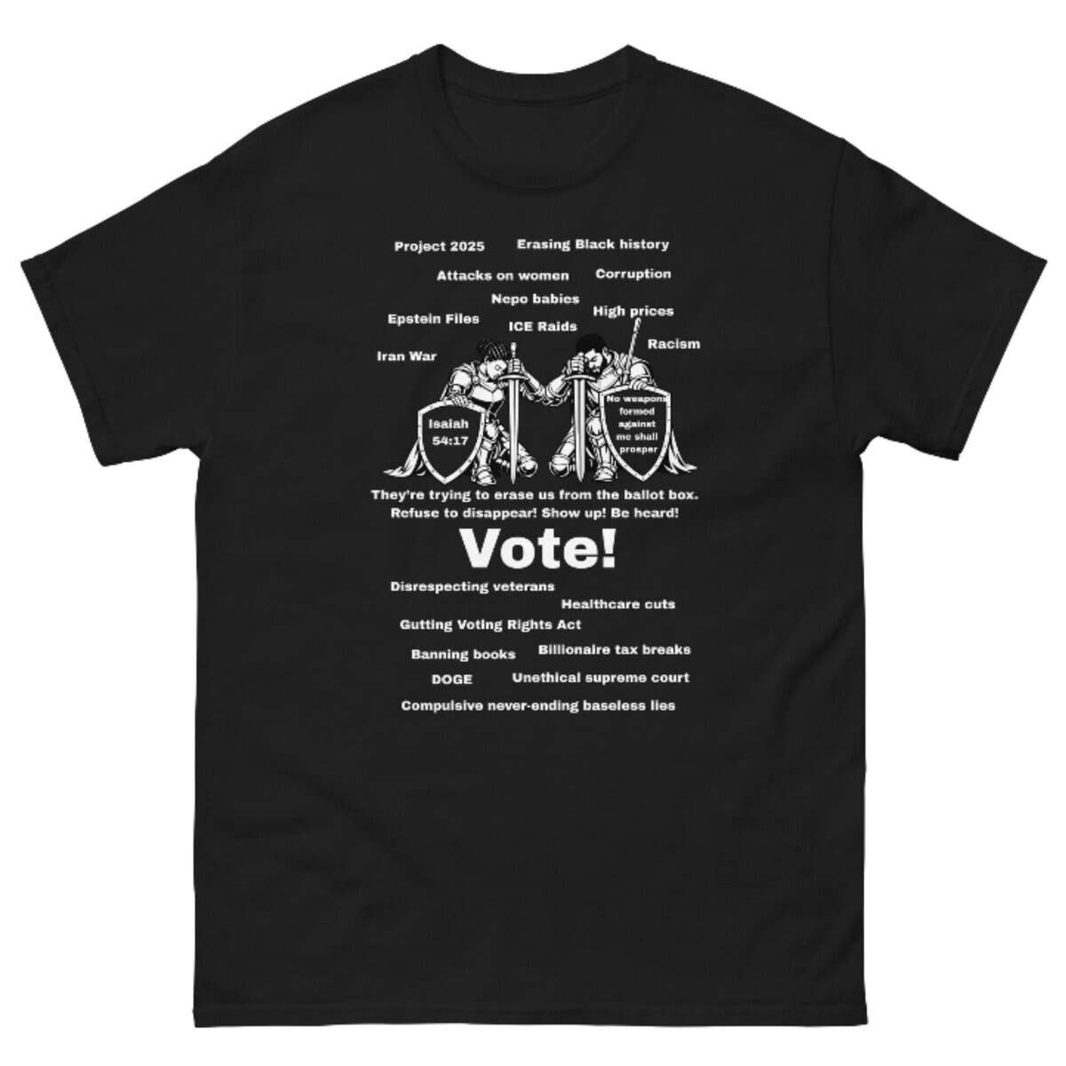 Black T-shirt with political and social justice slogans and imagery for activism.