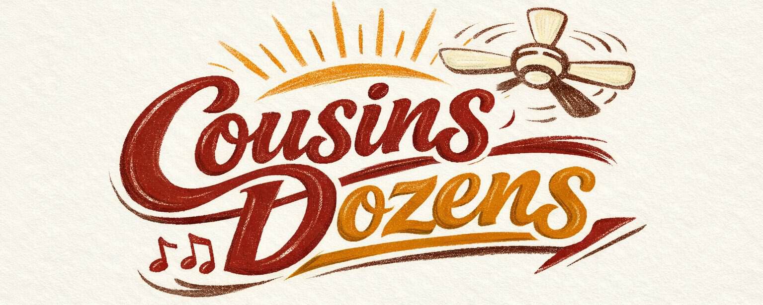 Cousins Dozens logo with musical notes and ceiling fan design.