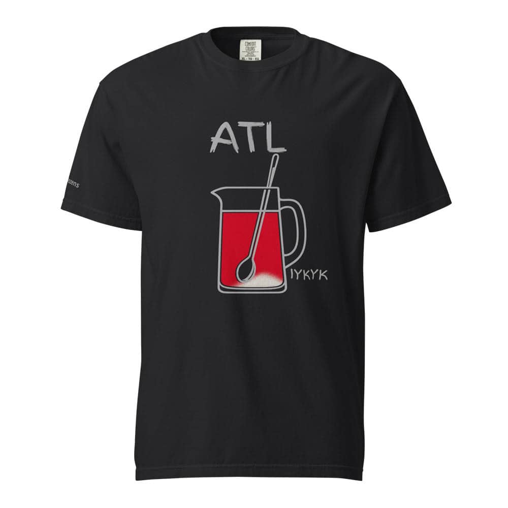 Custom black T-shirt featuring Atlanta-themed mug with "ATL" text and spoon graphic.