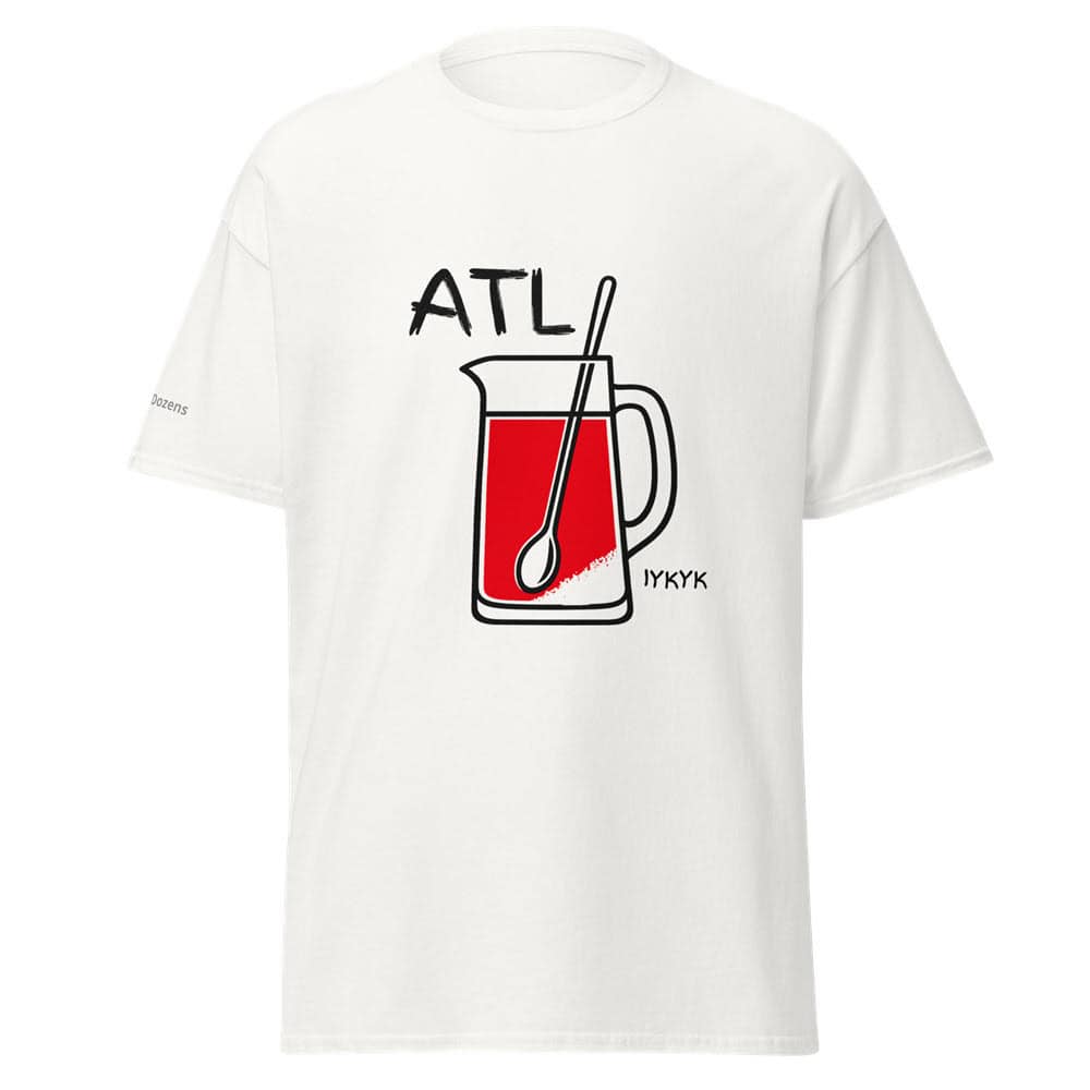 Casual Atlanta Braves fan T-shirt featuring a pitcher and "ATL" text, perfect for baseball enthusias.