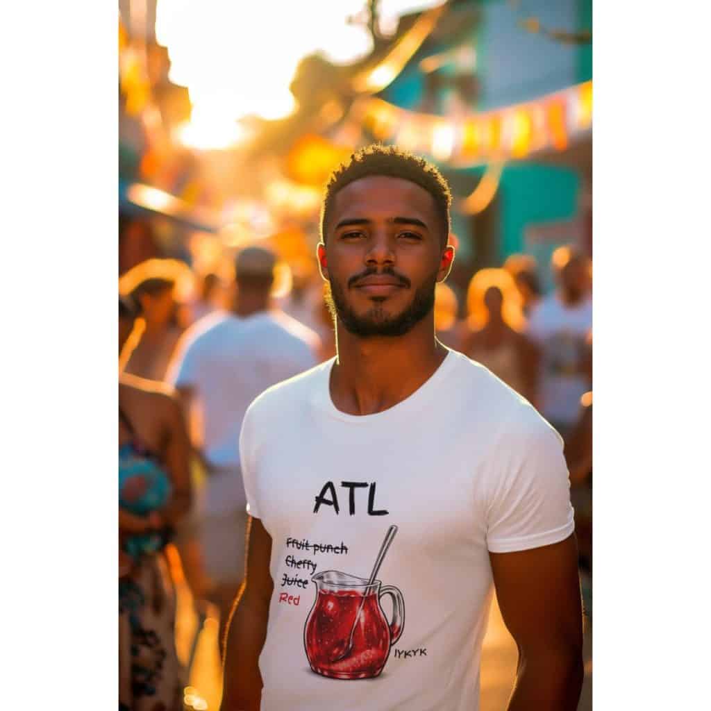 Young man at outdoor festival wearing a white T-shirt with fruit punch graphic.