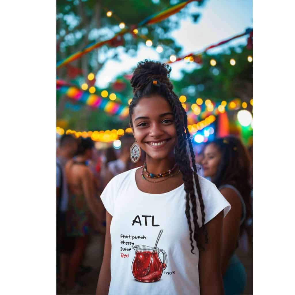 Smiling girl at Cousins Dozens festival with colorful lights and lively crowd in the background.