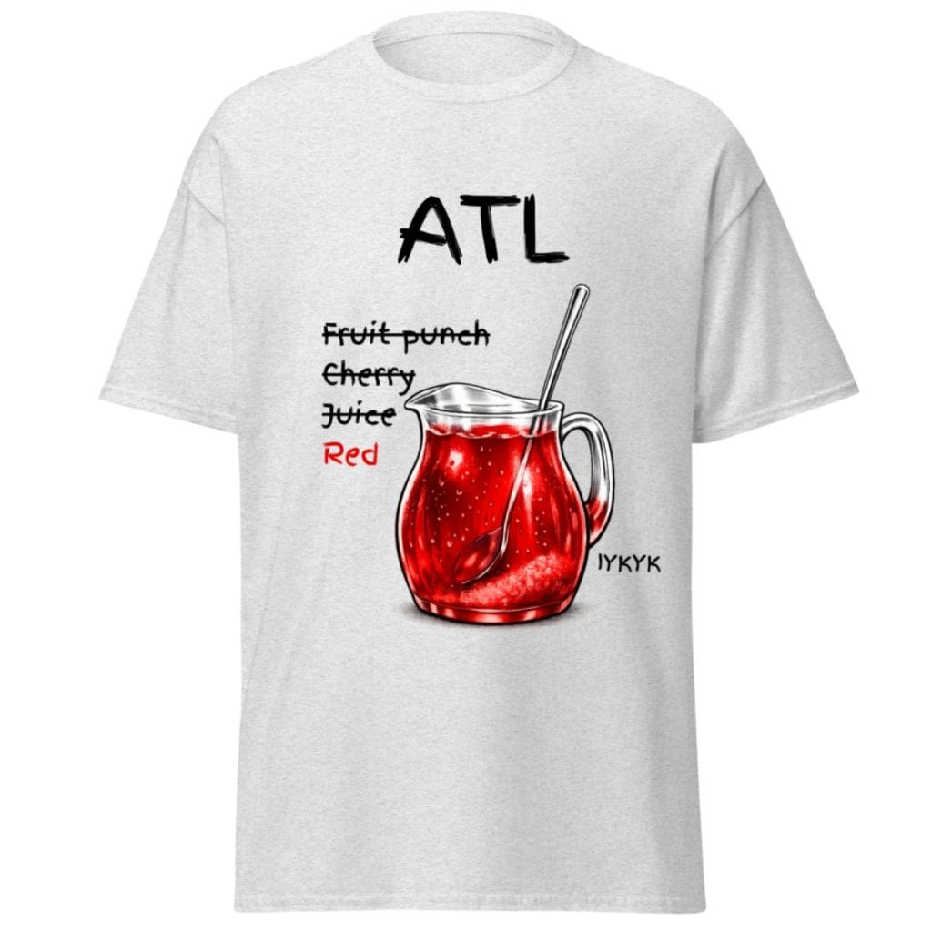 White T-shirt with fruit punch graphic and handwritten ATL text, casual style.
