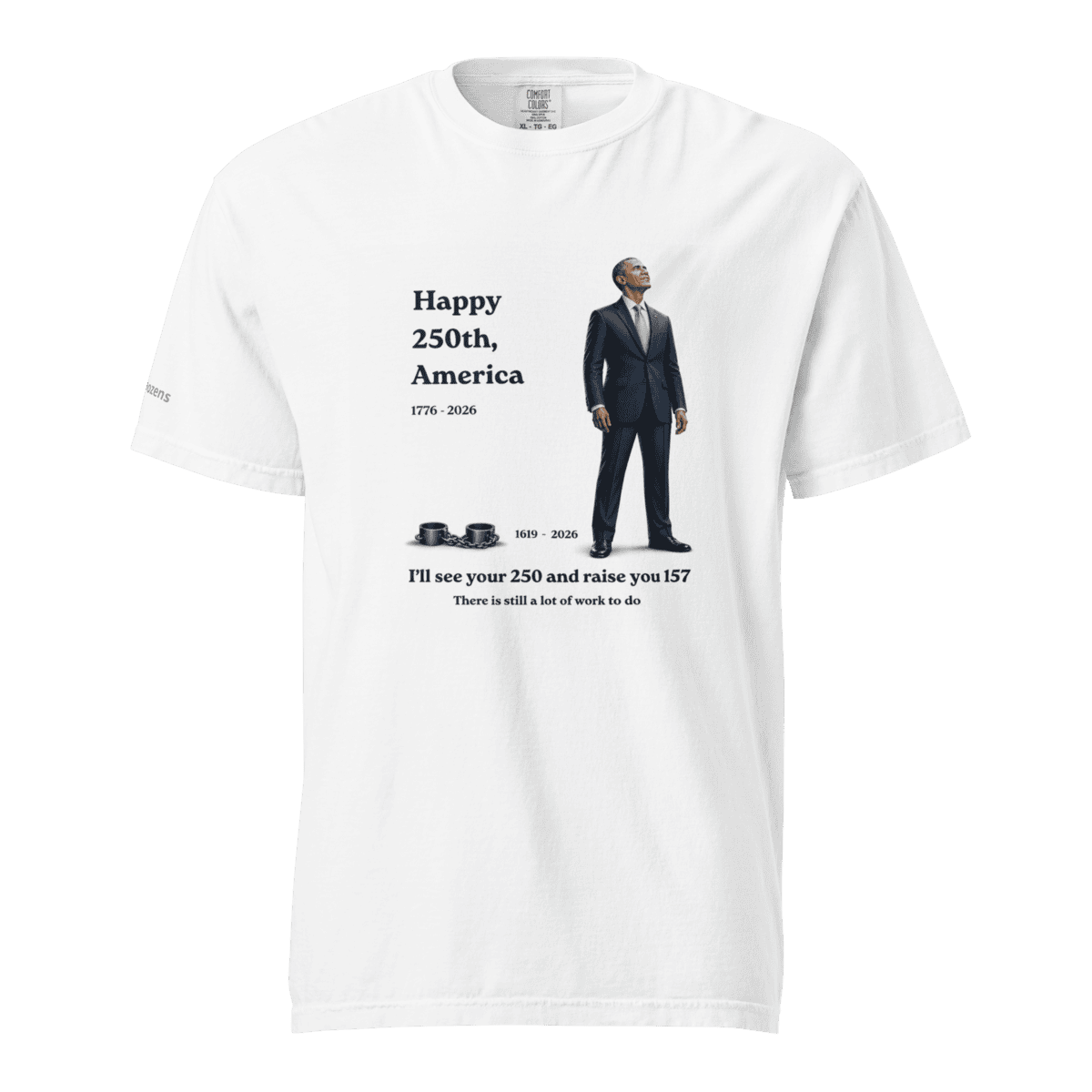 T-shirt commemorating America's 250th anniversary with a man in a suit and historical dates.