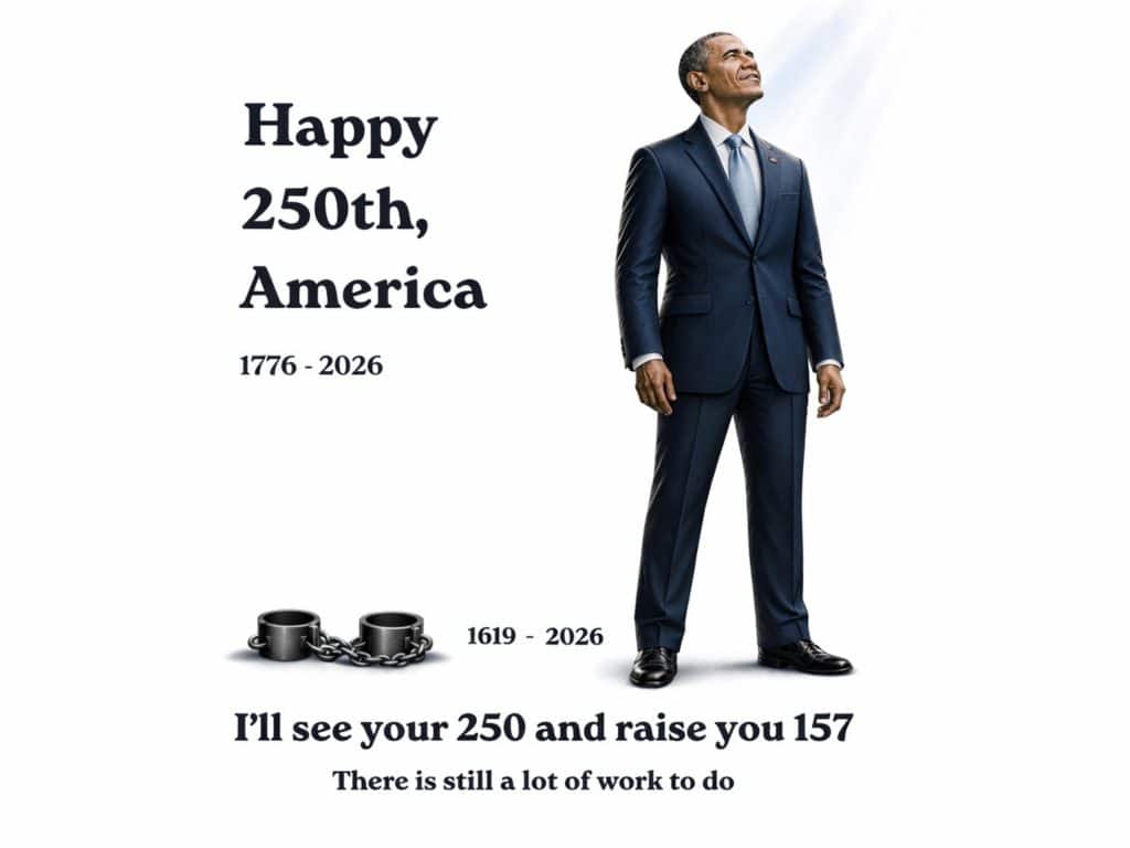 Celebrating 250 years of America with a man in a suit and broken chains symbolizing freedom and prog.