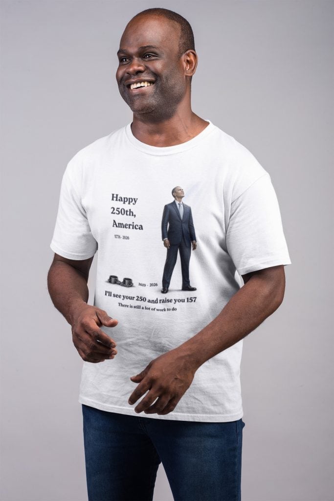 Man wearing a "Happy 250th, America" T-shirt celebrating U.S. independence.