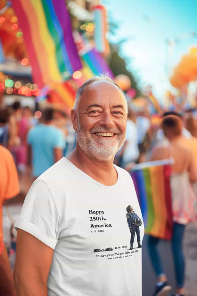 Happy older man at Pride festival with rainbow flags and colorful background.