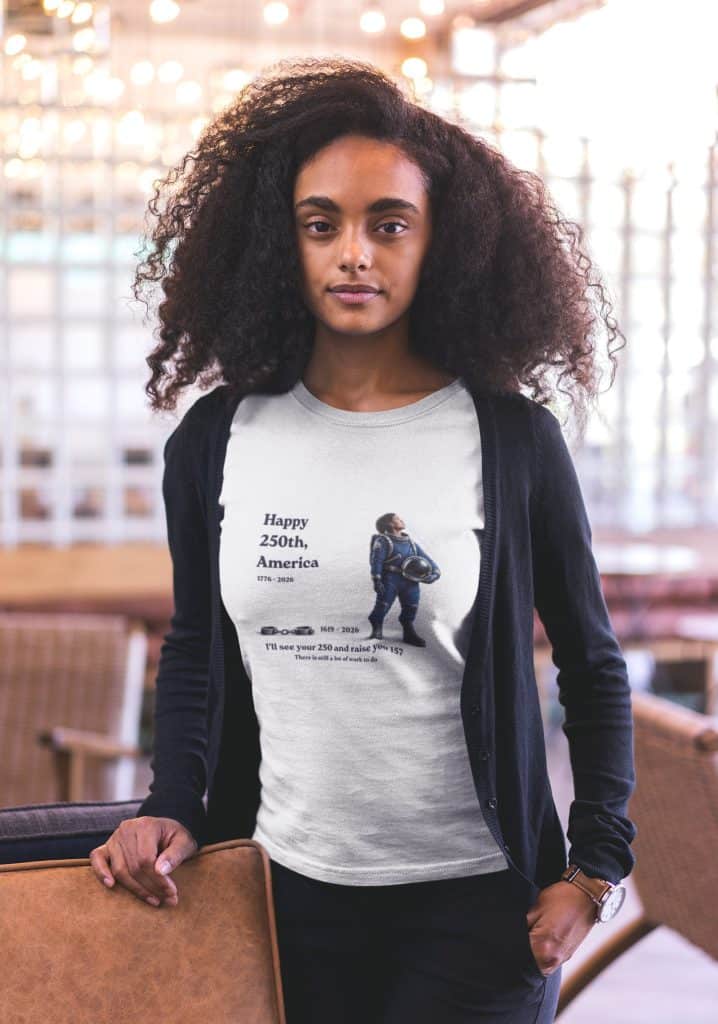 Young woman with curly hair wearing a T-shirt celebrating America's 250th anniversary.