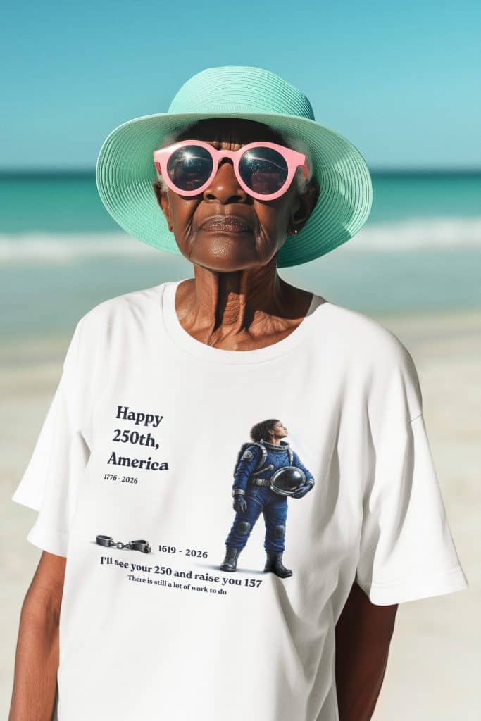 Elderly woman at the beach wearing a sun hat and sunglasses, celebrating America's 250th anniversary.