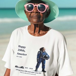Elderly woman at the beach wearing a sun hat and sunglasses, celebrating America's 250th anniversary.
