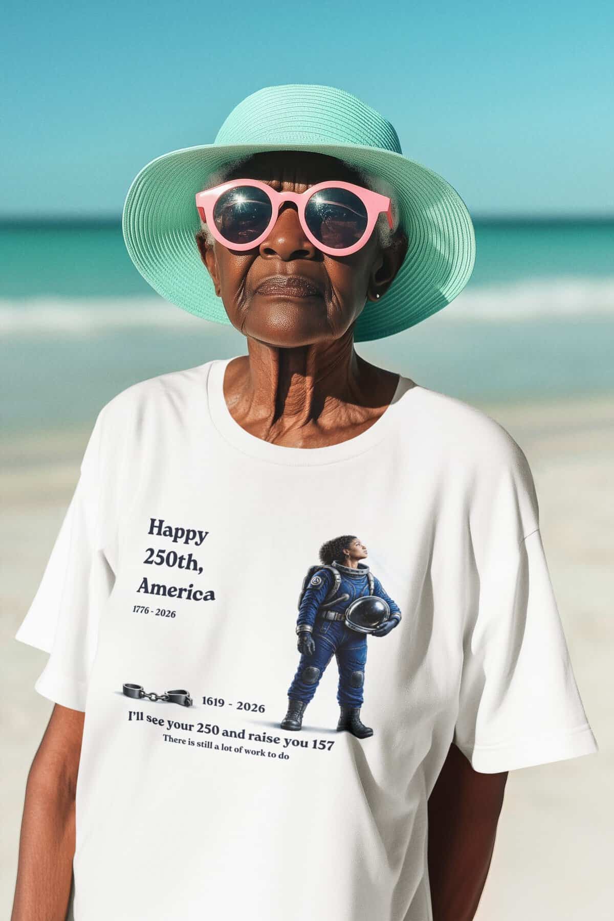 Elderly woman at the beach wearing a sun hat and sunglasses, celebrating America's 250th anniversary.