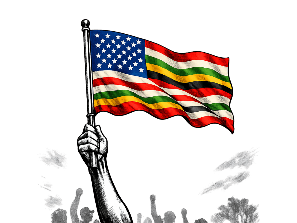American and Zimbabwean flags waving together, symbolizing unity and diversity.