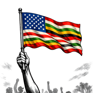 American and Zimbabwean flags waving together, symbolizing unity and diversity.