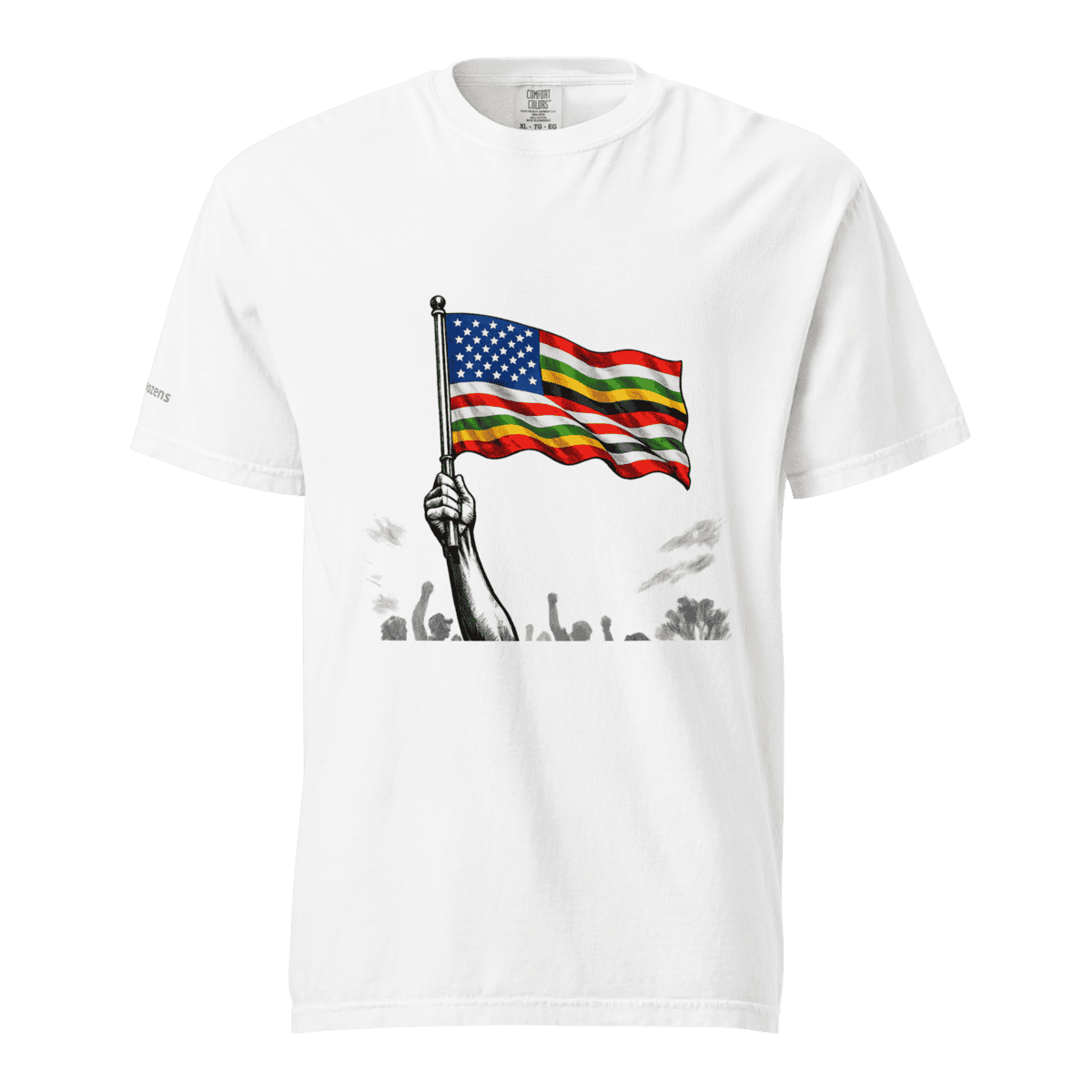 White T-shirt featuring a hand holding a flag with American and rainbow pride colors, symbolizing un.
