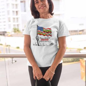 Woman wearing a patriotic T-shirt with American flag and "Happy Birthday United States of America" t.