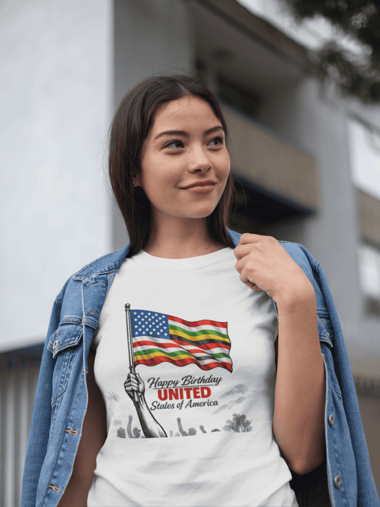 Woman wearing a "Happy Birthday United States" patriotic T-shirt outdoors.