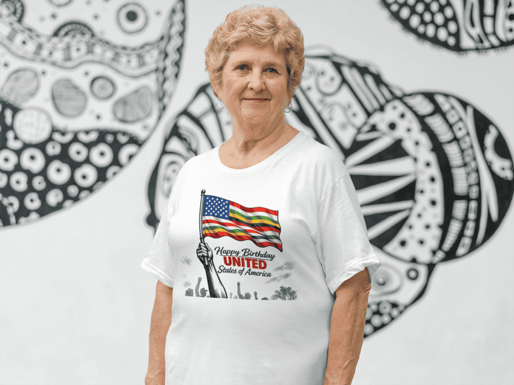 Senior woman wearing a "Happy Birthday United States" T-shirt with American flag, celebrating patrio.