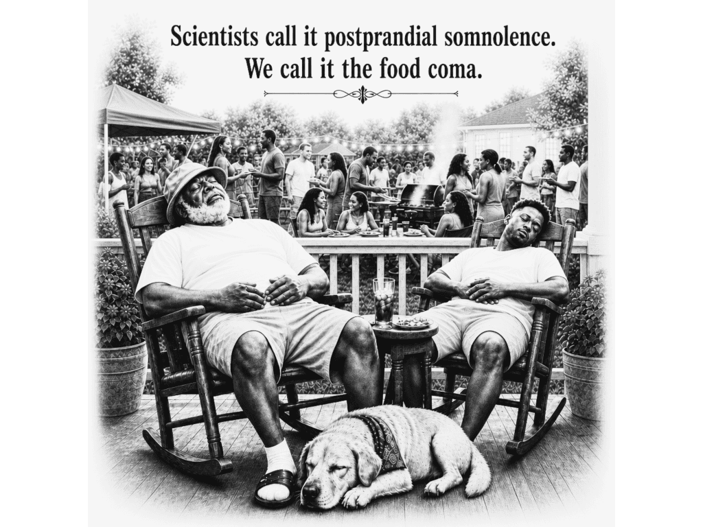Postprandial somnolence, food coma, family, outdoor, relaxation, cousins, dog.