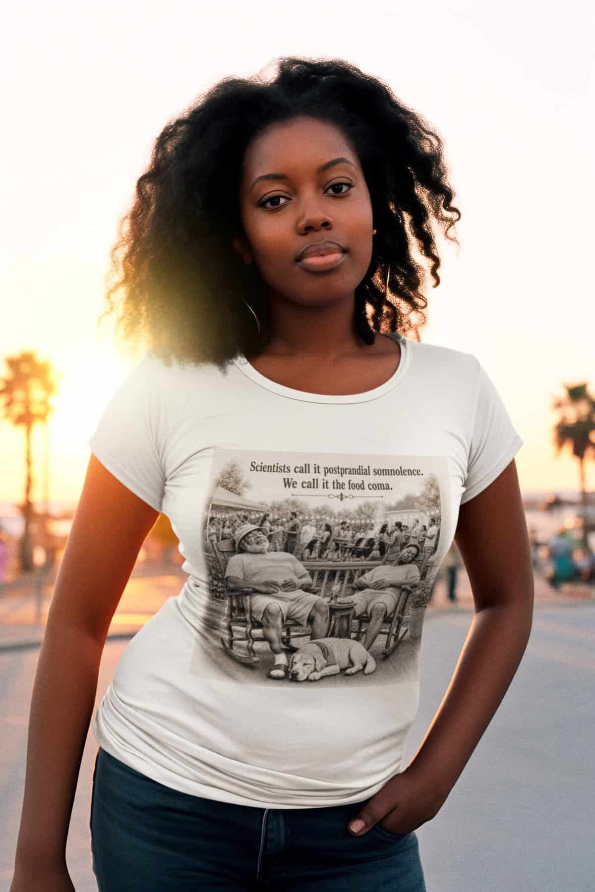 Young woman with curly hair wearing a white graphic t-shirt at sunset outdoor setting.