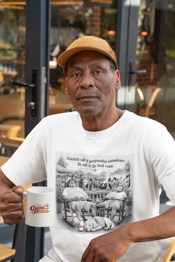 Elderly man holding a coffee mug at Cousins Dozens café, casual outdoor setting.