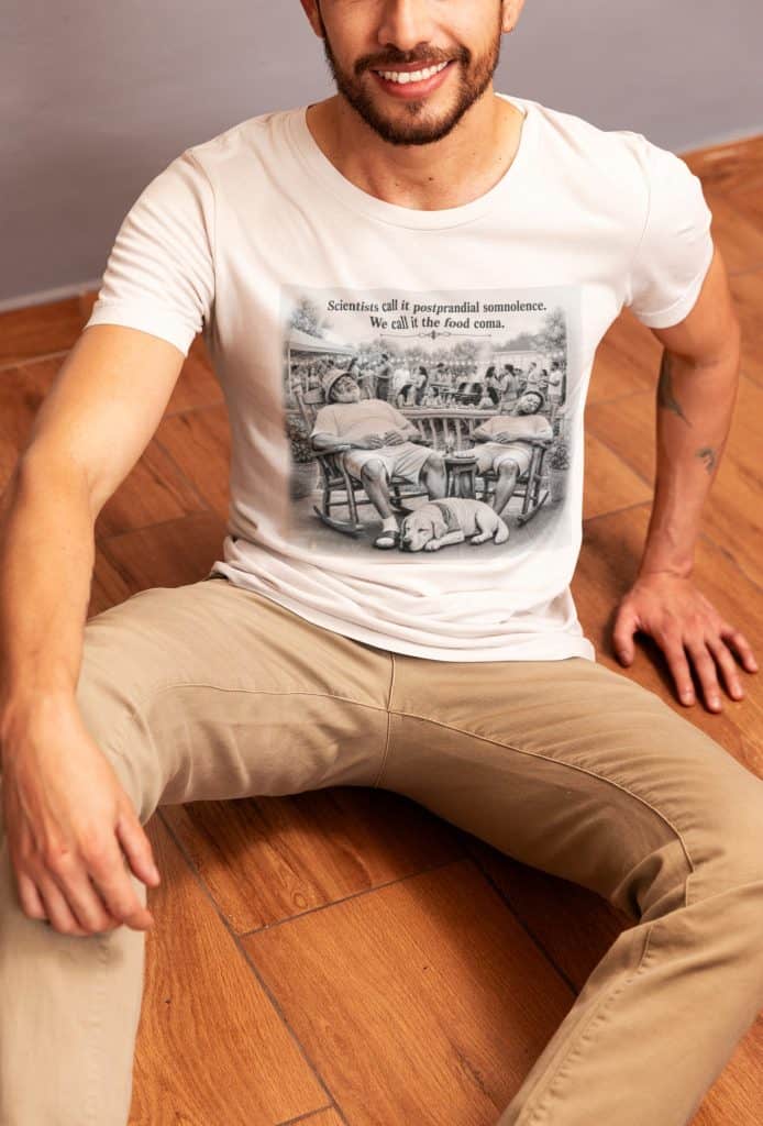 Casual man wearing Cousins Dozens themed T-shirt with food science illustration.