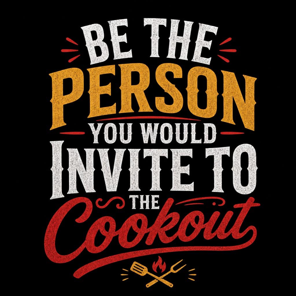 Motivational quote about being the person you'd invite to a cookout, perfect for family and social g.