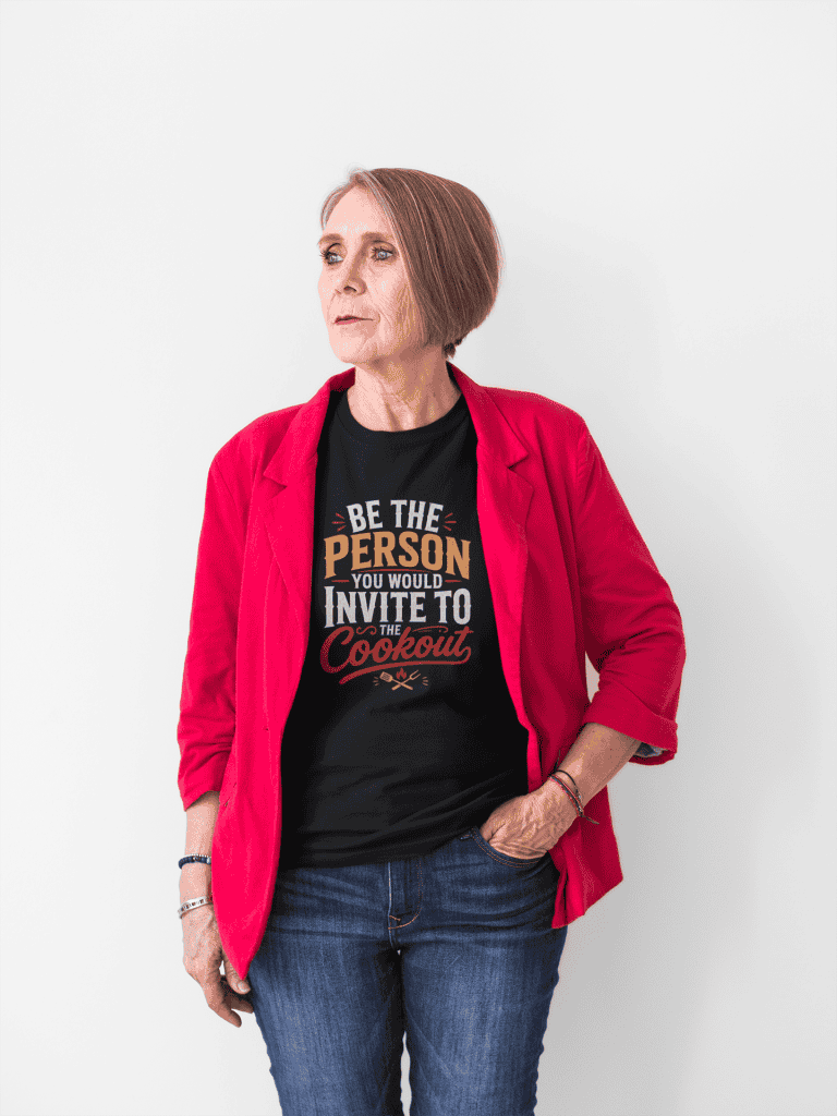 Woman wearing a black T-shirt and red blazer, standing confidently against a white background.