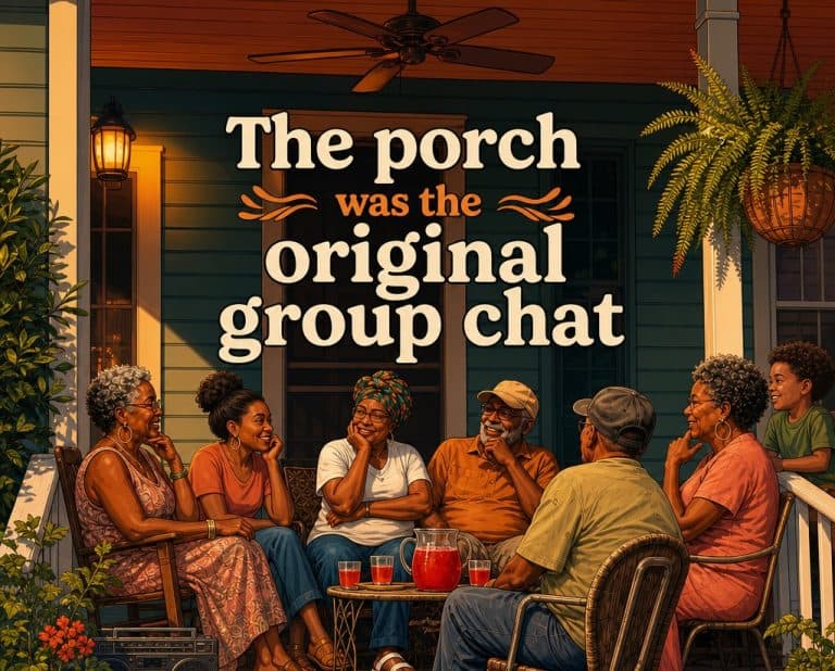 Group of diverse friends and family enjoying a porch chat in warm evening light.
